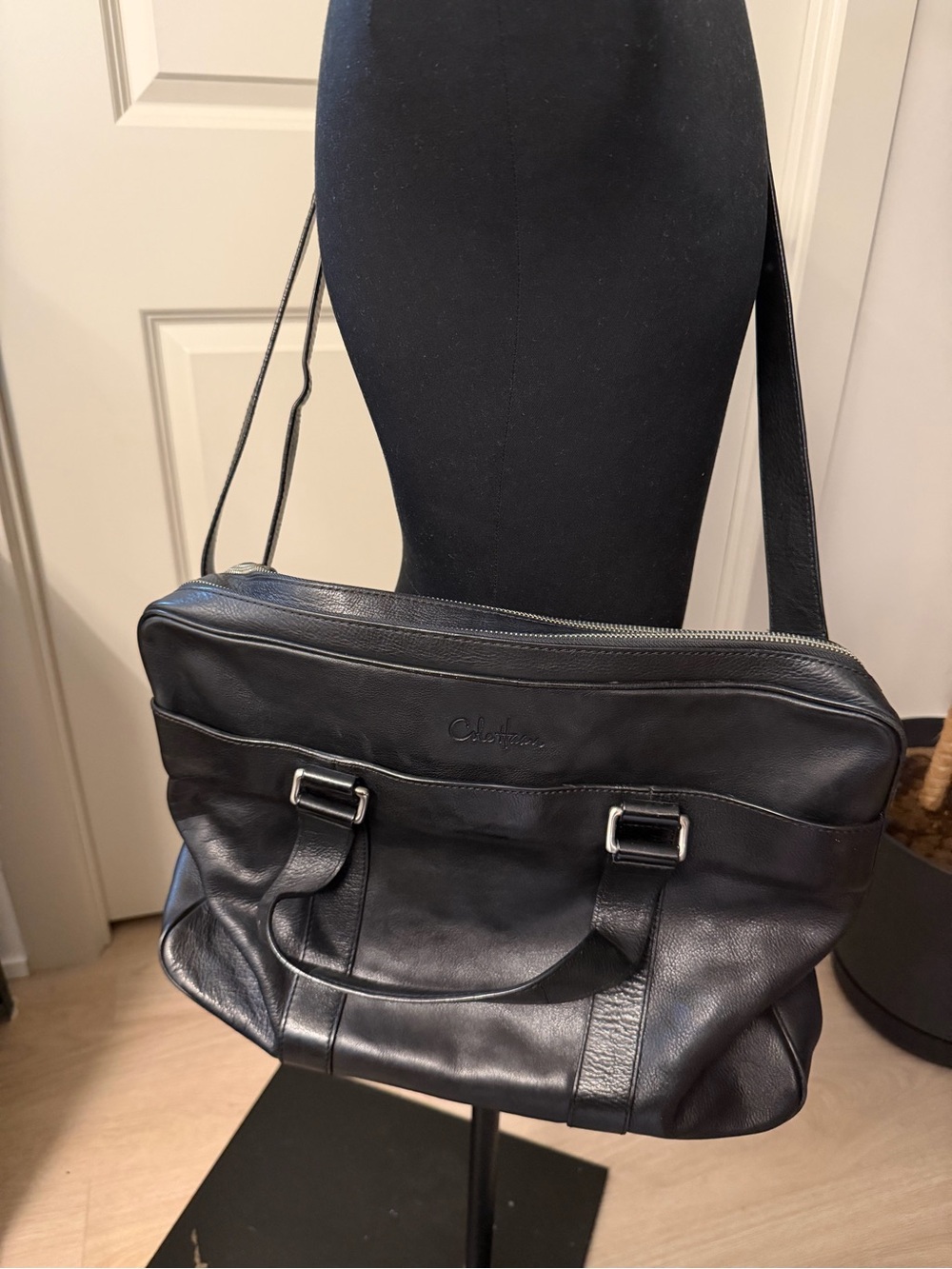 Cole Haan Black Leather Messenger Briefcase with Adjustable Strap